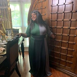 Dark green dress with grey on the side .and black waist line belt with zipper